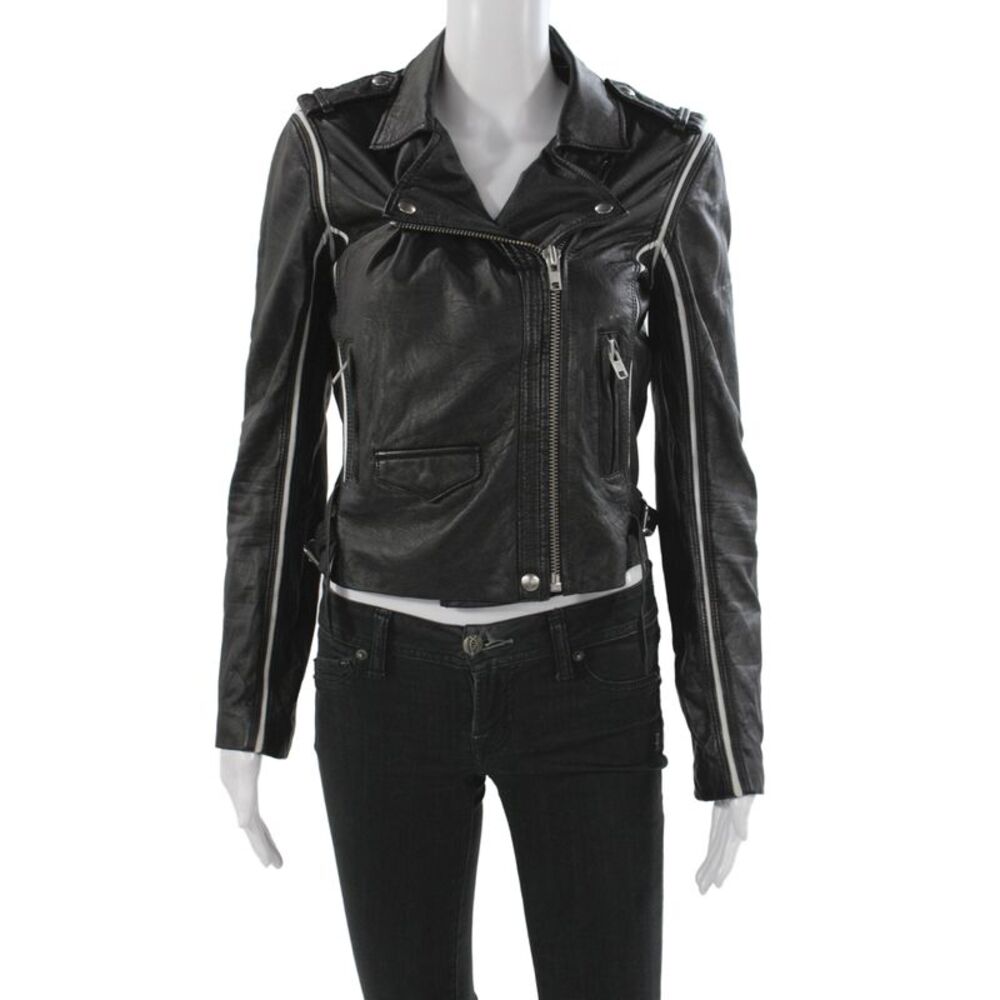IRO Womens Biker Lamb Leather Jacket Black Snap Long Sleeve Size 40